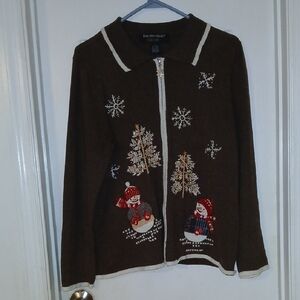 Hampshire Studio Snow Brown Snowman Embroidered Cardigan, Zip-up